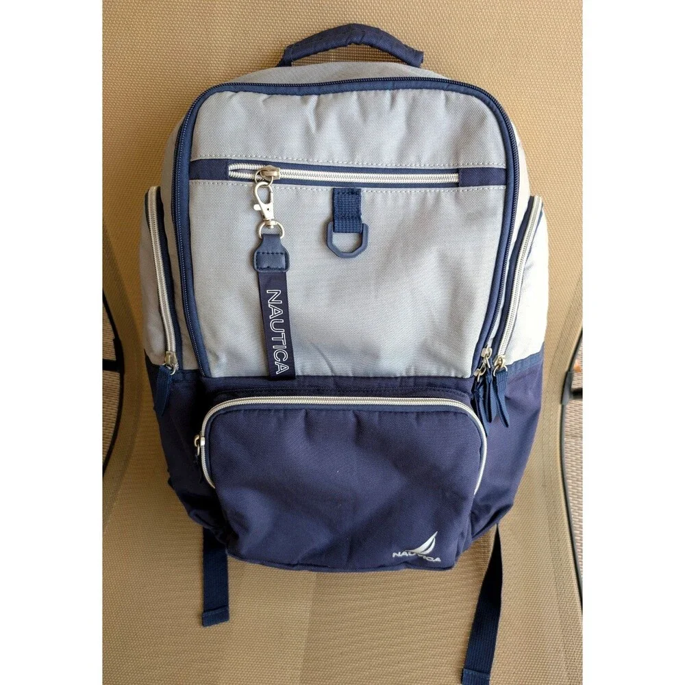 Nautica Backpack Blue Silver Insulated Drink Pockets Multi Compartment Kids Logo